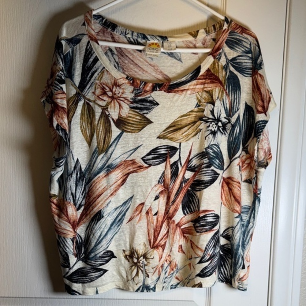 C&C California Floral Leaves Boxy 100% Linen Sleeveless Blouse Size XL EUC #2218